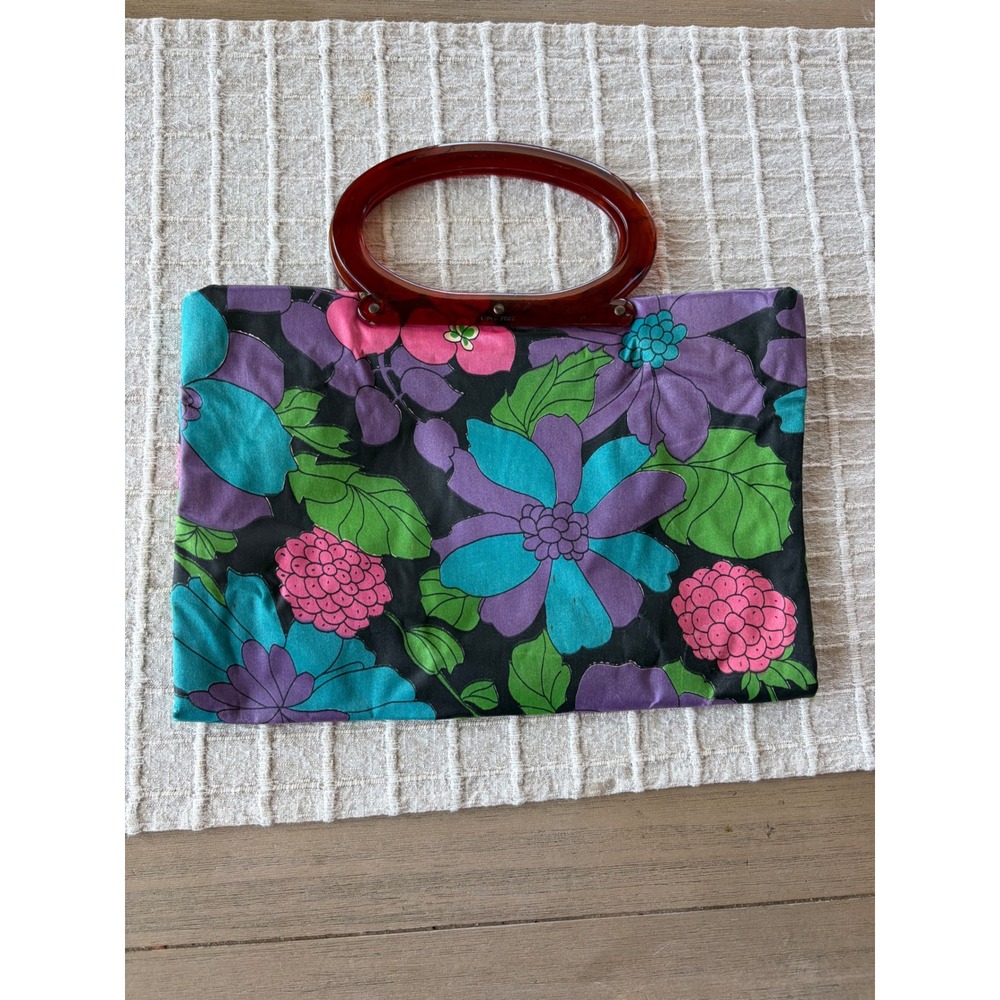 Vintage Ladys Pride Floral Handbag Lucite Amber Handle Mod Psychedelic 60s 70s